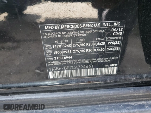 2012 Mercedes-Benz GL 450 z VIN 4JGBF7BE7CA794661, wystawiony jako Copart lot #49507275 z przebiegiem 186 829 mil mil oraz Szkoda całkowita • Salvage title. Historia ofert i sprzedaży dostępna na DreamBid. Obrazek 12.
