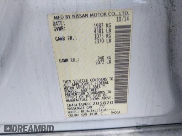 2015 Nissan Altima SL with VIN 1N4BL3AP6FC205820, listed as a IAAI auction lot 42188752 with 155,737 mi miles and . Bid and sale history available at carsss.com. Image 9.