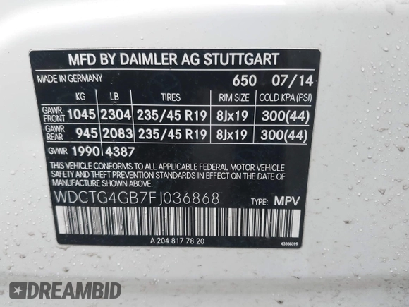 2015 Mercedes-Benz GLA 250 z VIN WDCTG4GB7FJ036868, wystawiony jako IAAI lot #41683576 z przebiegiem 100 975 mil mil oraz . Historia ofert i sprzedaży dostępna na DreamBid. Obrazek 9.