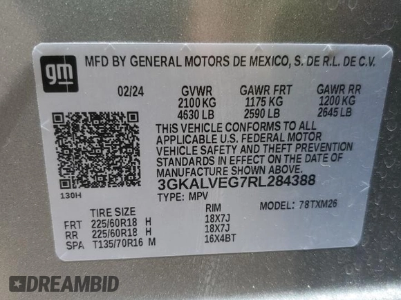 2024 GMC Terrain SLT with VIN 3GKALVEG7RL284388, listed as a Copart auction lot 61814845 with 32,048 mi miles and Salvage title. Bid and sale history available at DreamBid. Image 13.