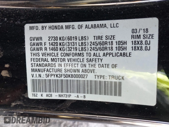 2019 Honda Ridgeline RTL z VIN 5FPYK3F50KB000027, wystawiony jako IAAI lot #41856522 z przebiegiem 98 590 mil mil oraz . Historia ofert i sprzedaży dostępna na DreamBid. Obrazek 9.
