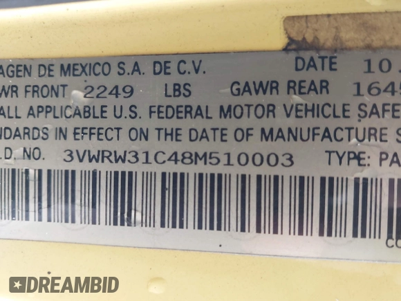 2008 Volkswagen Beetle S with VIN 3VWRW31C48M510003, listed as a IAAI auction lot 41289418 with 203,798 mi miles and . Bid and sale history available at DreamBid. Image 9.