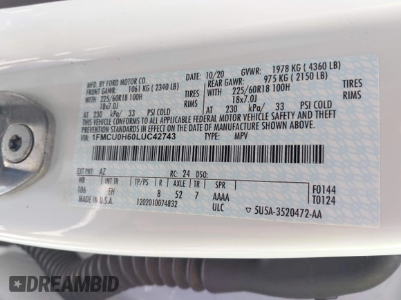 2020 Ford Escape SEL with VIN 1FMCU0H60LUC42743, listed as a IAAI auction lot 42569643 with 57,313 mi miles and . Bid and sale history available at DreamBid. Image 9.