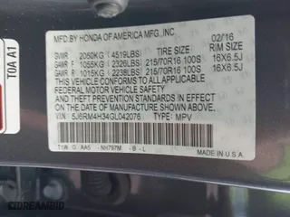 2016 Honda CR-V LX with VIN 5J6RM4H34GL042076, listed as a IAAI auction lot 41575035 with 65,257 mi miles. Bid and sale history available at carsss.com. Image 9.