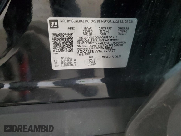 2022 GMC Terrain SLE with VIN 3GKALTEV7NL176673, listed as a Copart auction lot 64061095 with 157,743 mi miles and Clean title. Bid and sale history available at DreamBid. Image 14.
