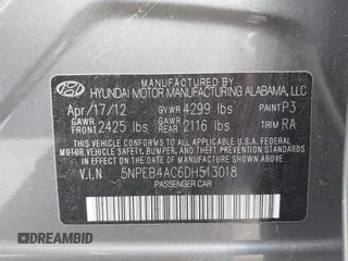 2013 Hyundai Sonata GLS z VIN 5NPEB4AC6DH513018, wystawiony jako IAAI lot #42068966 z przebiegiem 216 086 mil mil oraz . Historia ofert i sprzedaży dostępna na DreamBid. Obrazek 9.