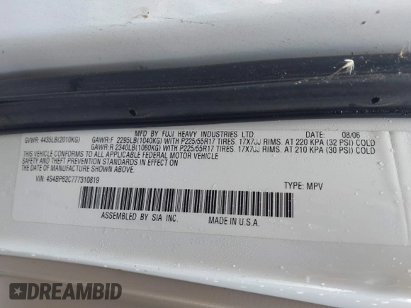 2007 Subaru Legacy Outback Limited with VIN 4S4BP62C777310819, listed as a IAAI auction lot 42740506 with 119,526 mi miles and . Bid and sale history available at DreamBid. Image 9.
