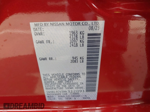 2024 Nissan Altima 2.5 SR with VIN 1N4BL4CV3RN312091, listed as a IAAI auction lot 41911115 with 5,666 mi miles. Bid and sale history available at carsss.com. Image 9.