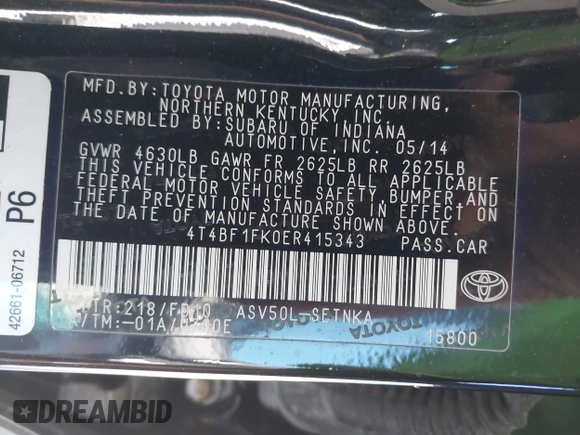 2014 Toyota Camry L with VIN 4T4BF1FK0ER415343, listed as a IAAI auction lot 41845661 with 25,247 mi miles and . Bid and sale history available at DreamBid. Image 9.