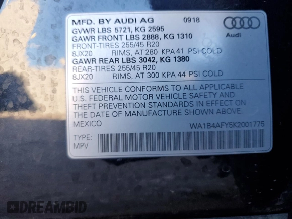 2019 Audi SQ5 Premium Plus with VIN WA1B4AFY5K2001775, listed as a Copart auction lot 80466204 with 120,337 mi miles and Salvage Title. Bid and sale history available at DreamBid. Image 13.