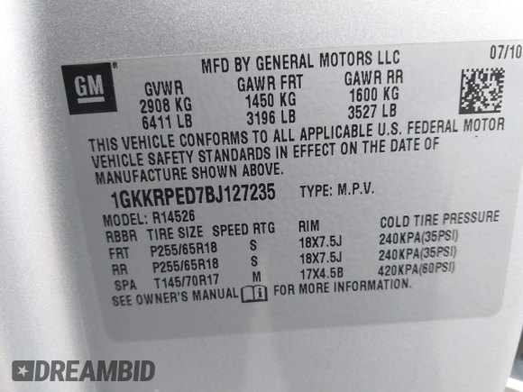 2011 GMC Acadia SLE with VIN 1GKKRPED7BJ127235, listed as a IAAI auction lot 41737565 with 230,409 mi miles. Bid and sale history available at carsss.com. Image 9.
