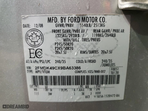 2009 Ford Edge Limited with VIN 2FMDK49CX9BA63386, listed as a Copart auction lot 49876105 with 289,719 mi miles and Clean Title. Bid and sale history available at carsss.com. Image 13.