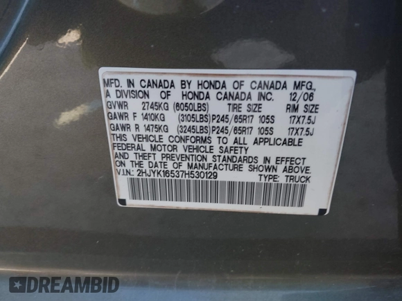 2007 Honda Ridgeline RTL z VIN 2HJYK16537H530129, wystawiony jako IAAI lot #42191209 z przebiegiem 181 686 mil mil oraz . Historia ofert i sprzedaży dostępna na DreamBid. Obrazek 9.