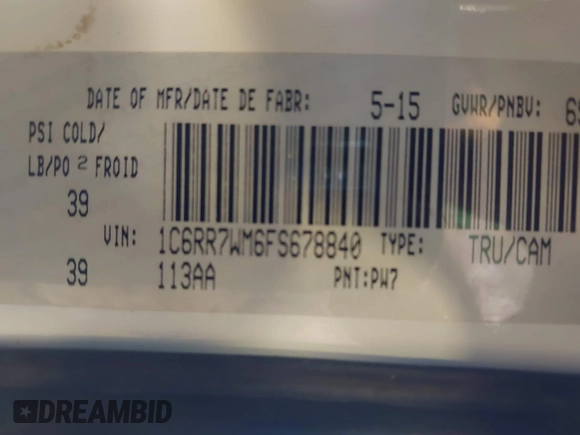 2015 Ram 1500 Laramie Limited with VIN 1C6RR7WM6FS678840, listed as a IAAI auction lot 42040449 with Not provided miles and . Bid and sale history available at DreamBid. Image 9.