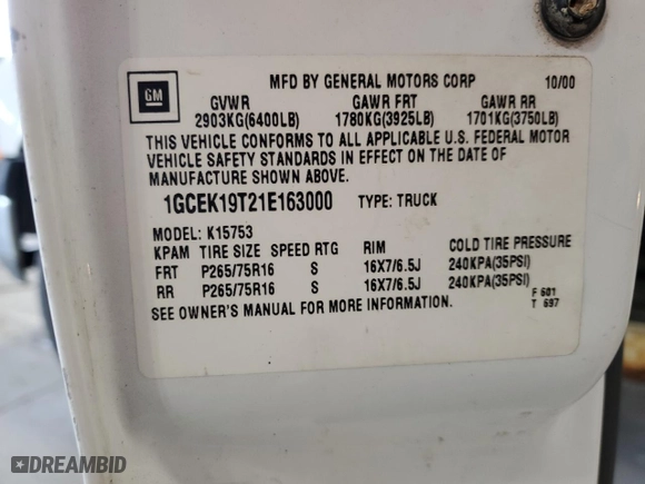 2001 Chevrolet Silverado 1500 LS with VIN 1GCEK19T21E163000, listed as a Copart auction lot 51509455 with 182,528 mi miles and Salvage Title. Bid and sale history available at carsss.com. Image 12.
