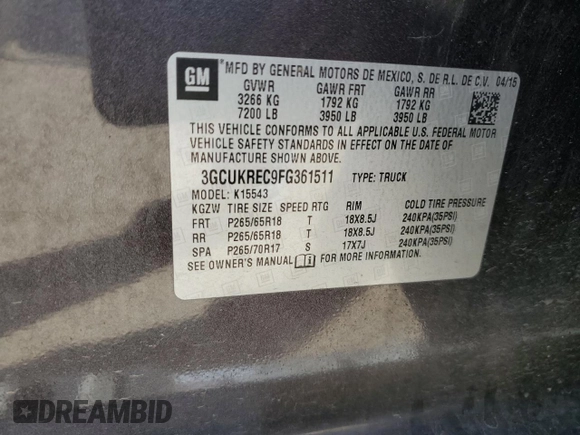 2015 Chevrolet Silverado 1500 LT with VIN 3GCUKREC9FG361511, listed as a Copart auction lot 53108195 with 139,157 mi miles and Salvage Title. Bid and sale history available at DreamBid. Image 12.