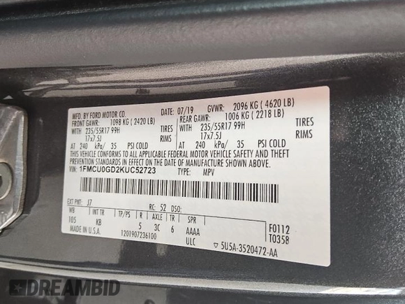 2019 Ford Escape SE with VIN 1FMCU0GD2KUC52723, listed as a Copart auction lot 51259255 with 127,857 mi miles and Clean Title. Bid and sale history available at carsss.com. Image 12.
