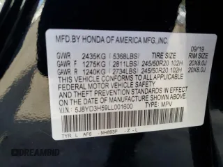 2020 Acura MDX w/Technology Pkg with VIN 5J8YD3H59LL001600, listed as a Copart auction lot 44429965 with 34,992 mi miles and Non Repairable. Bid and sale history available at carsss.com. Image 13.
