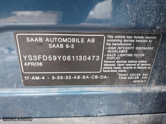2006 Saab 9-3 with VIN YS3FD59Y061130473, listed as a IAAI auction lot 41557712 with 201765 miles. Bid and sale history available at carsss.com. Image 9.