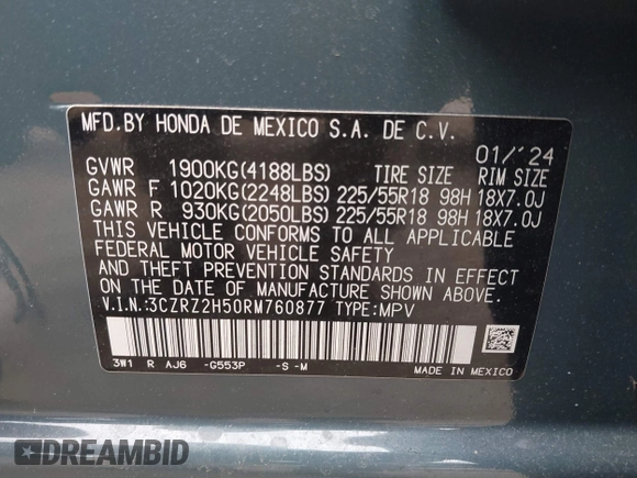 2024 Honda HR-V Sport with VIN 3CZRZ2H50RM760877, listed as a IAAI auction lot 41812043 with 6,785 mi miles. Bid and sale history available at carsss.com. Image 9.