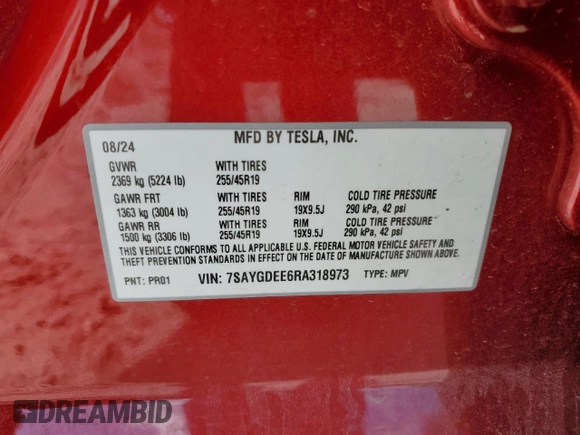 2024 Tesla Model Y Long Range with VIN 7SAYGDEE6RA318973, listed as a Copart auction lot 55586435 with 8,700 mi miles and Salvage title. Bid and sale history available at DreamBid. Image 12.