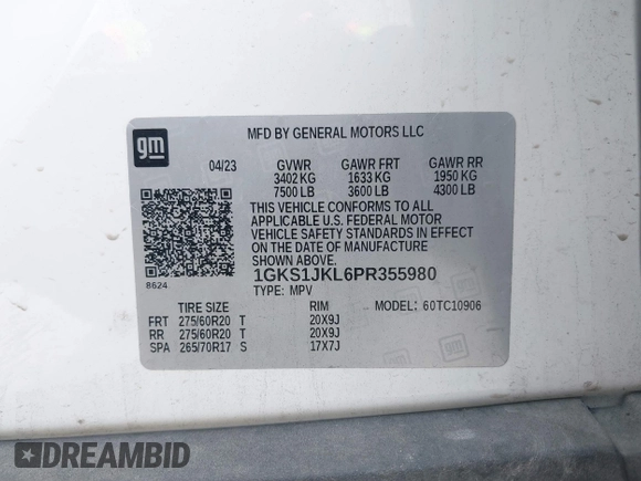 2023 GMC Yukon XL Denali with VIN 1GKS1JKL6PR355980, listed as a IAAI auction lot 41881760 with 1 mi miles. Bid and sale history available at carsss.com. Image 9.