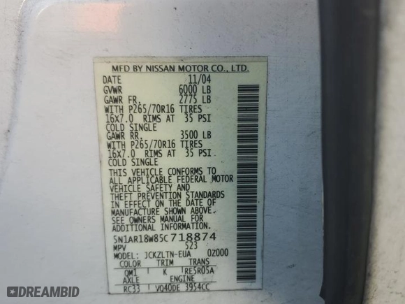 2005 Nissan Pathfinder LE with VIN 5N1AR18W85C718874, listed as a Copart auction lot 41813245 with 0 mi miles and Salvage Title. Bid and sale history available at carsss.com. Image 13.