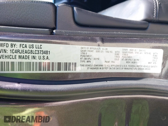 2020 Jeep Grand Cherokee Altitude with VIN 1C4RJEAG8LC373481, listed as a IAAI auction lot 42495686 with 73,716 mi miles and . Bid and sale history available at DreamBid. Image 9.
