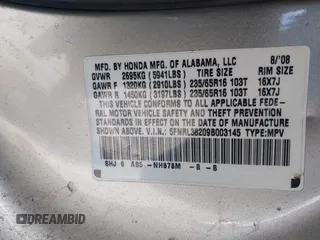 2009 Honda Odyssey LX с VIN 5FNRL38209B003145, выставлен на аукционе IAAI как лот 41985836 с пробегом 145 699 миль миль и . История ставок и продаж доступна на DreamBid. Изображение 9.