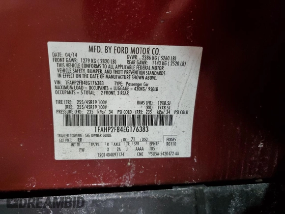 2014 Ford Taurus Limited with VIN 1FAHP2F84EG176383, listed as a Copart auction lot 44601995 with 129,087 mi miles and Salvage Title. Bid and sale history available at DreamBid. Image 12.