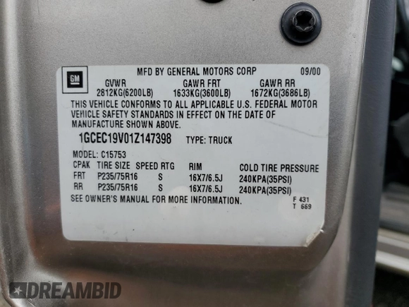 2001 Chevrolet Silverado 1500 LS with VIN 1GCEC19V01Z147398, listed as a Copart auction lot 50760265 with 279,535 mi miles and Salvage Title. Bid and sale history available at DreamBid. Image 12.