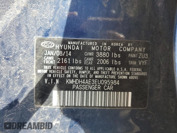 2014 Hyundai Elantra SE z VIN KMHDH4AE3EU095984, wystawiony jako Copart lot #54192135 z przebiegiem 117 551 mil mil oraz Szkoda całkowita • Salvage title. Historia ofert i sprzedaży dostępna na DreamBid. Obrazek 12.