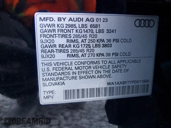 2023 Audi Q7 Premium with VIN WA1AXBF77PD011834, listed as a Copart auction lot 83945344 with 9,272 mi miles and Salvage title. Bid and sale history available at DreamBid. Image 13.
