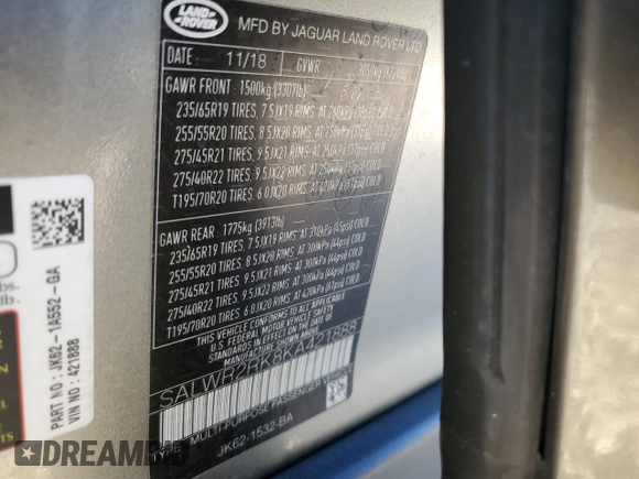 2019 Land Rover Range Rover Sport HSE with VIN SALWR2RK8KA421888, listed as a Copart auction lot 45496225 with 124,145 mi miles and Clean Title. Bid and sale history available at carsss.com. Image 13.