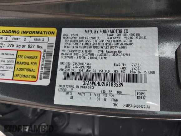 2020 Ford Fusion SE with VIN 3FA6P0HD2LR188589, listed as a IAAI auction lot 41894122 with 96,238 mi miles. Bid and sale history available at carsss.com. Image 9.
