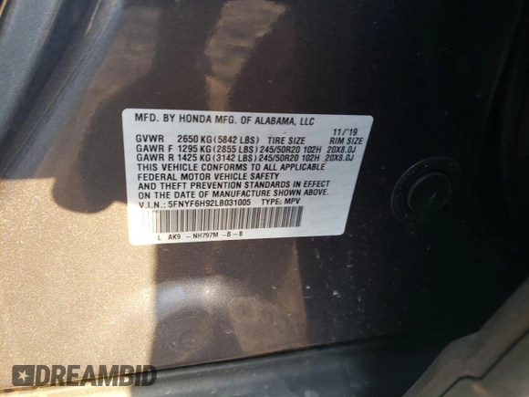2020 Honda Pilot Touring 8-Passenger with VIN 5FNYF6H92LB031005, listed as a Copart auction lot 49545335 with 59,789 mi miles and Salvage Title. Bid and sale history available at DreamBid. Image 15.