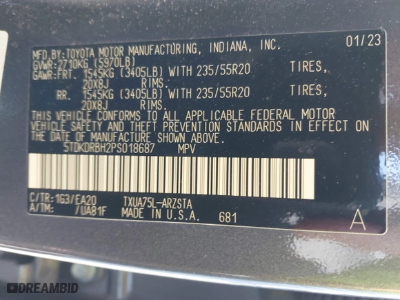 2023 Toyota Highlander L with VIN 5TDKDRBH2PS018687, listed as a IAAI auction lot 41709063 with 36,968 mi miles. Bid and sale history available at carsss.com. Image 9.