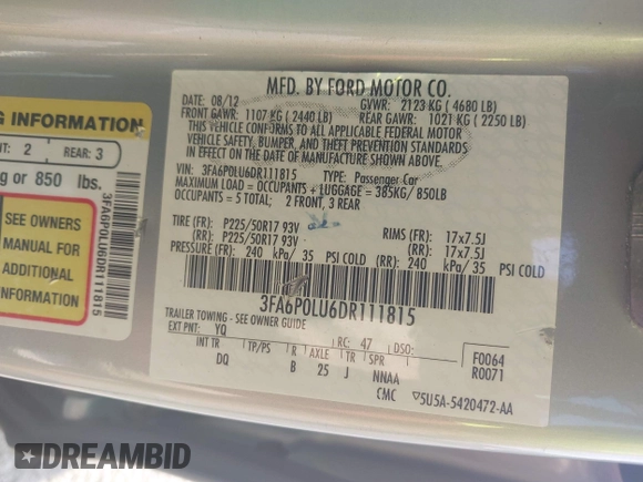 2013 Ford Fusion SE Hybrid with VIN 3FA6P0LU6DR111815, listed as a IAAI auction lot 42809852 with 150,721 mi miles and . Bid and sale history available at DreamBid. Image 9.