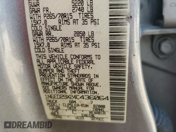 2004 Nissan Frontier XE with VIN 1N6ED29X24C436064, listed as a Copart auction lot 58916434 with 277,026 mi miles and Salvage title. Bid and sale history available at DreamBid. Image 12.
