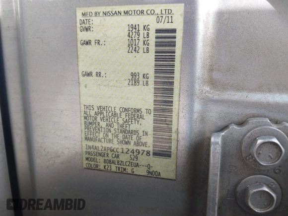2012 Nissan Altima S z VIN 1N4AL2AP6CC124978, wystawiony jako IAAI lot #42235066 z przebiegiem 197 538 mil mil oraz . Historia ofert i sprzedaży dostępna na DreamBid. Obrazek 9.