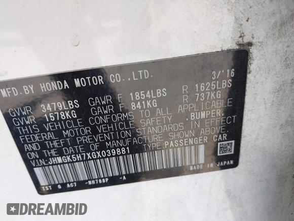2016 Honda Fit EX with VIN JHMGK5H7XGX039881, listed as a IAAI auction lot 42719699 with 109,798 mi miles and . Bid and sale history available at DreamBid. Image 9.