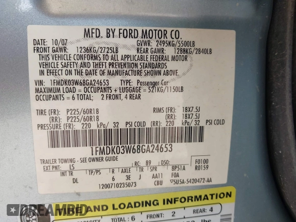 2008 Ford Taurus X Limited with VIN 1FMDK03W68GA24653, listed as a IAAI auction lot 42509666 with 127,131 mi miles and . Bid and sale history available at DreamBid. Image 9.