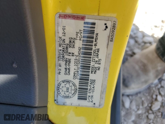 2002 Toyota Celica GT z VIN JTDDR32T520124042, wystawiony jako Copart lot #73662324 z przebiegiem 249 049 mil mil oraz Szkoda całkowita • Salvage title. Historia ofert i sprzedaży dostępna na DreamBid. Obrazek 12.
