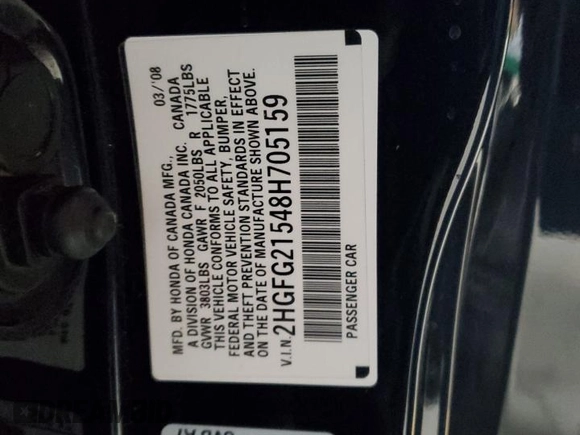 2008 Honda Civic Cpe Si with VIN 2HGFG21548H705159, listed as a Copart auction lot 43511485 with 141,600 mi miles and Clean Title. Bid and sale history available at carsss.com. Image 12.