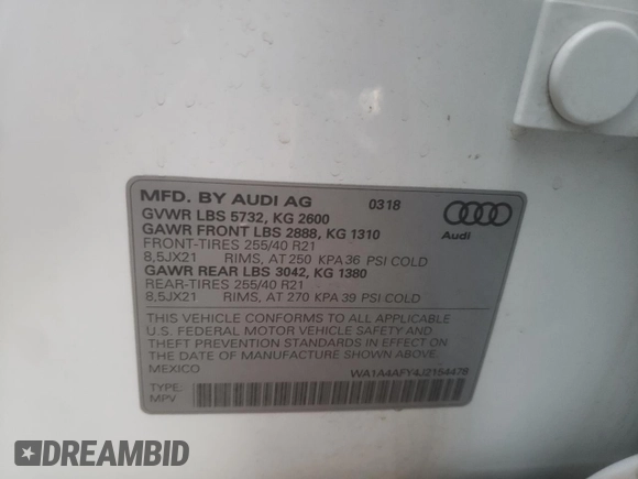 2018 Audi SQ5 Premium Plus with VIN WA1A4AFY4J2154478, listed as a Copart auction lot 79985713 with 36,190 mi miles and . Bid and sale history available at DreamBid. Image 12.