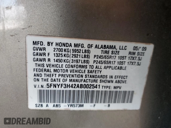 2010 Honda Pilot EX with VIN 5FNYF3H42AB002541, listed as a Copart auction lot 42300605 with Not Provided miles and Salvage Title. Bid and sale history available at carsss.com. Image 13.