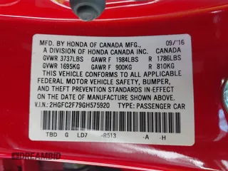 2016 Honda Civic EX with VIN 2HGFC2F79GH575920, listed as a IAAI auction lot 42074891 with 95,962 mi miles and . Bid and sale history available at DreamBid. Image 9.