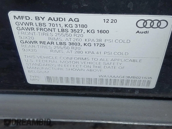 2021 Audi e-tron Premium with VIN WA1AAAGE3MB021535, listed as a IAAI auction lot 41146496 with 53,293 mi miles. Bid and sale history available at carsss.com. Image 9.