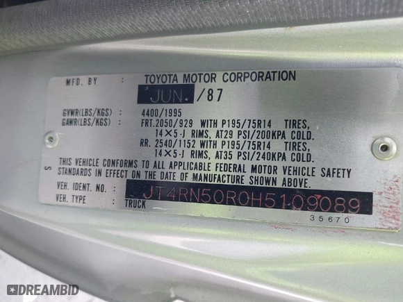 1987 Toyota Std Bed Trucks with VIN JT4RN50R0H5109089, listed as a IAAI auction lot 41403518 with 165,211 mi miles. Bid and sale history available at carsss.com. Image 9.