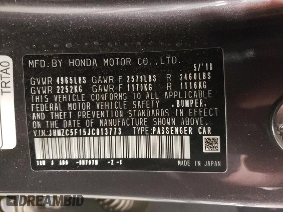 2018 Honda Clarity Plug-In Hybrid with VIN JHMZC5F15JC013773, listed as a Copart auction lot 43629434 with 62,511 mi miles. Bid and sale history available at carsss.com. Image 14.